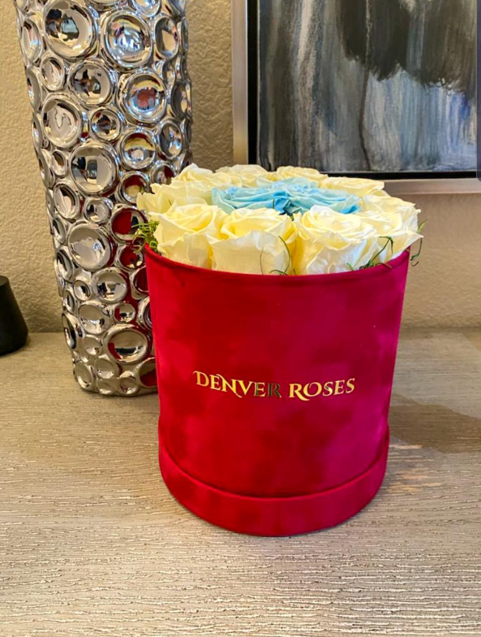Luxury Round velvet Box /  Cream & Blue Roses