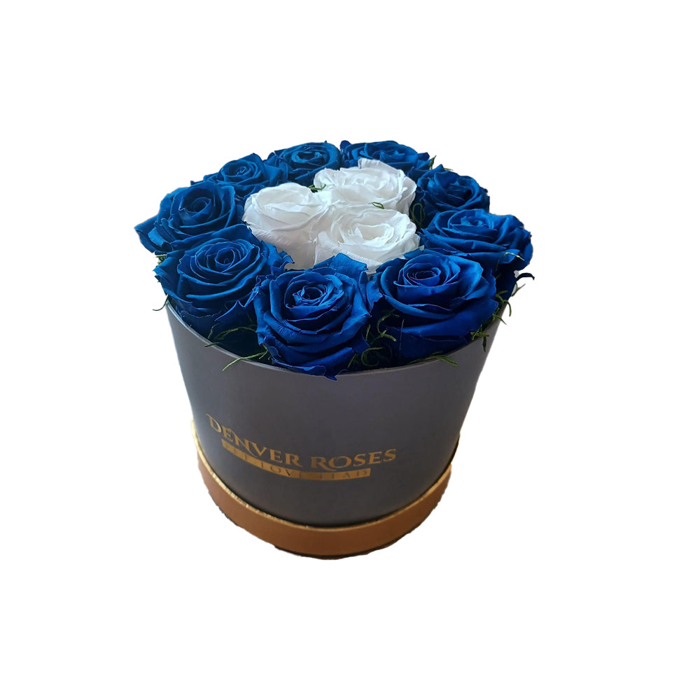 Round grey box / Blue & white roses