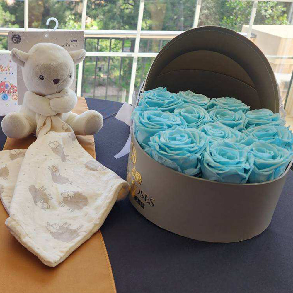 Bundle of Joy / Grey Baby Crib / Blue Roses